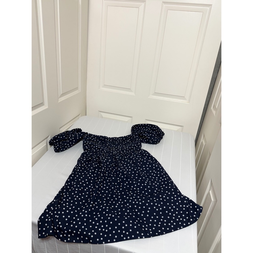 Abercrombie & Fitch Polka Dot Smocked Puff Sleeve Skort Dress Navy Blue MT